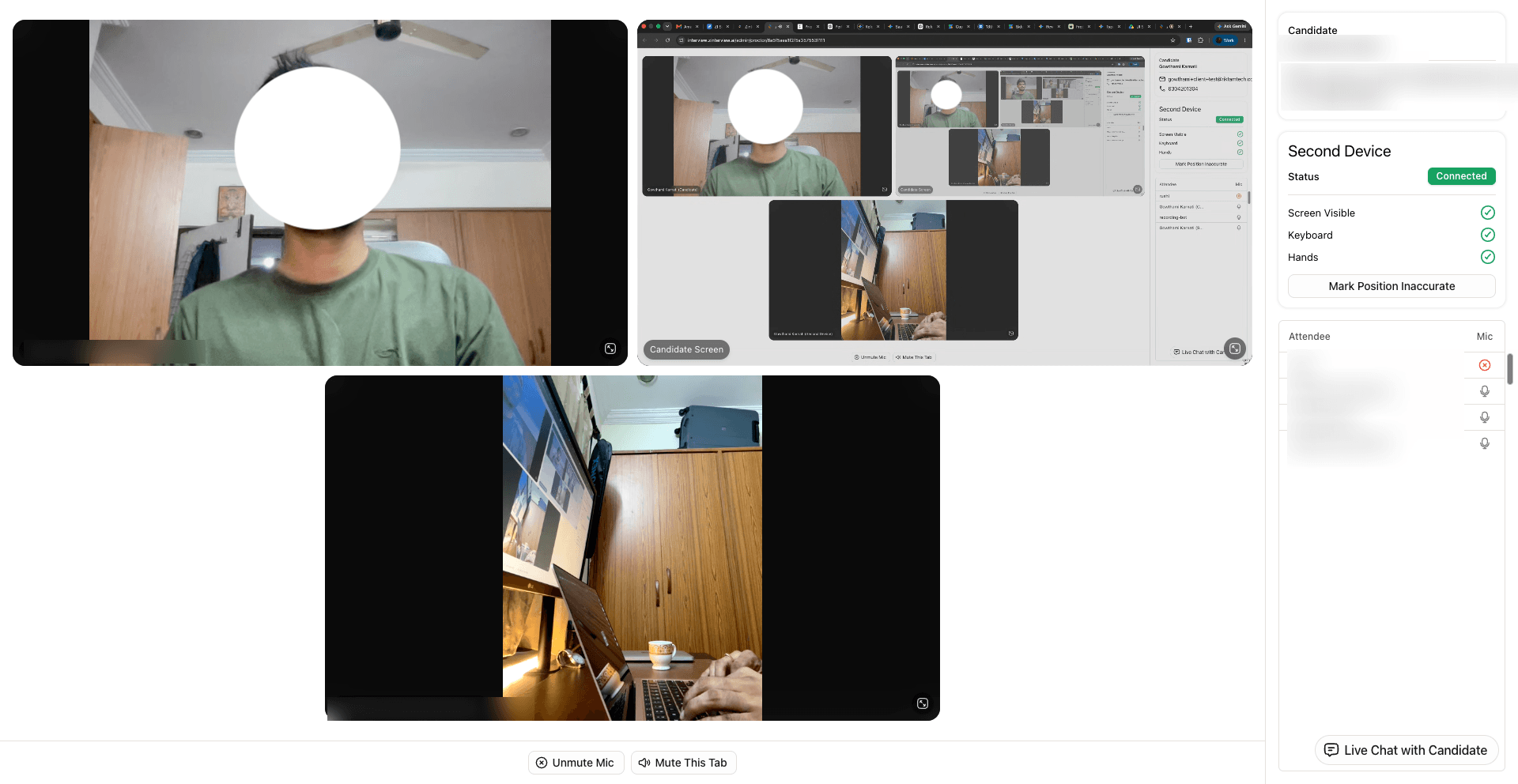 Zinterview's proctoring view showing a candidate's webcam and secondary phone camera during an interview